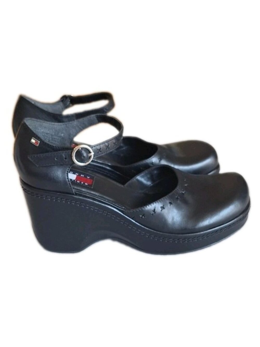 Vintage Tommy Hilfiger Black Leather Platform Block Heel Mary Janes Size 9 EUC